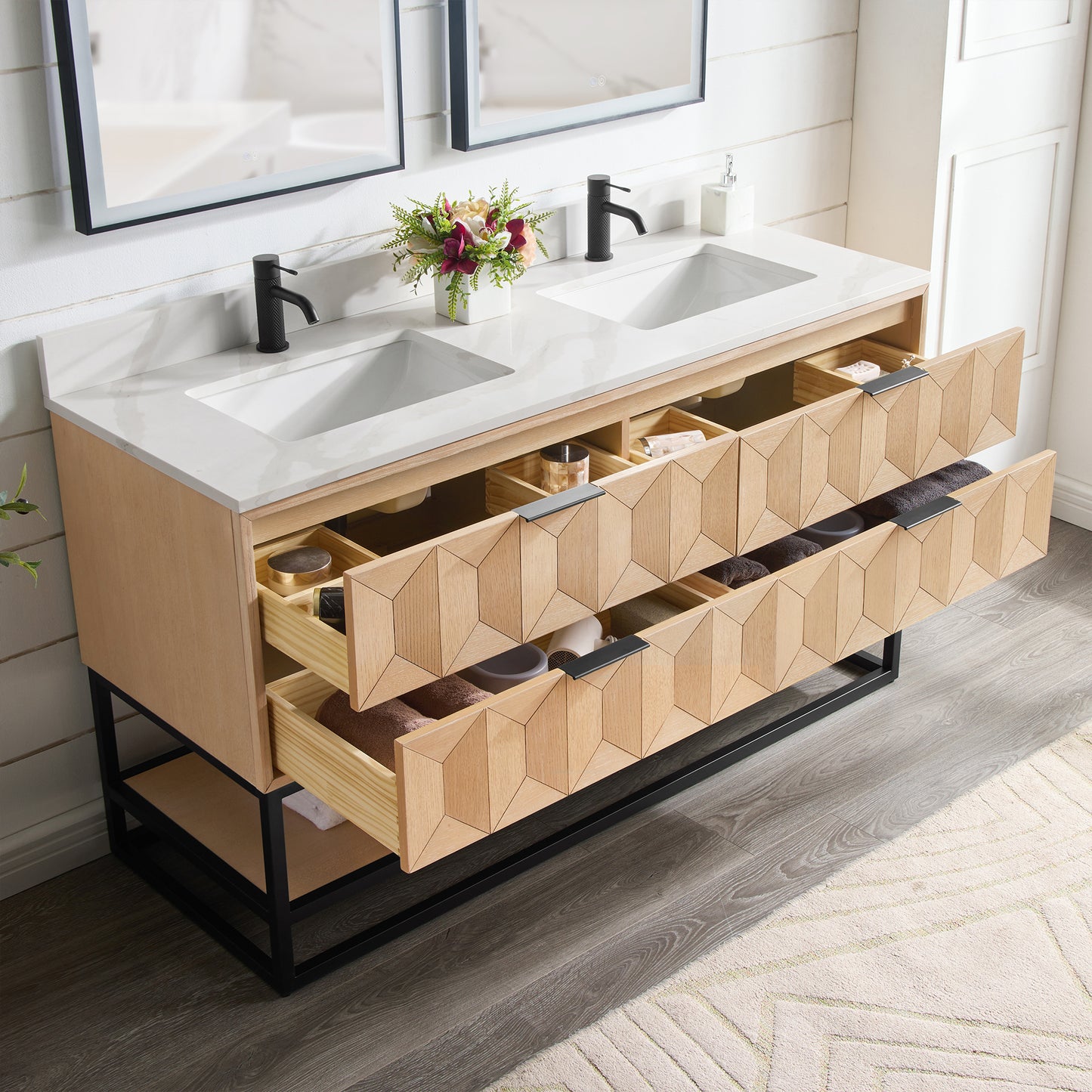 Milagro 60MB" Free-standing Double Bath Vanity in Washed Ash Grey with Fish Maw White Quartz Stone Top