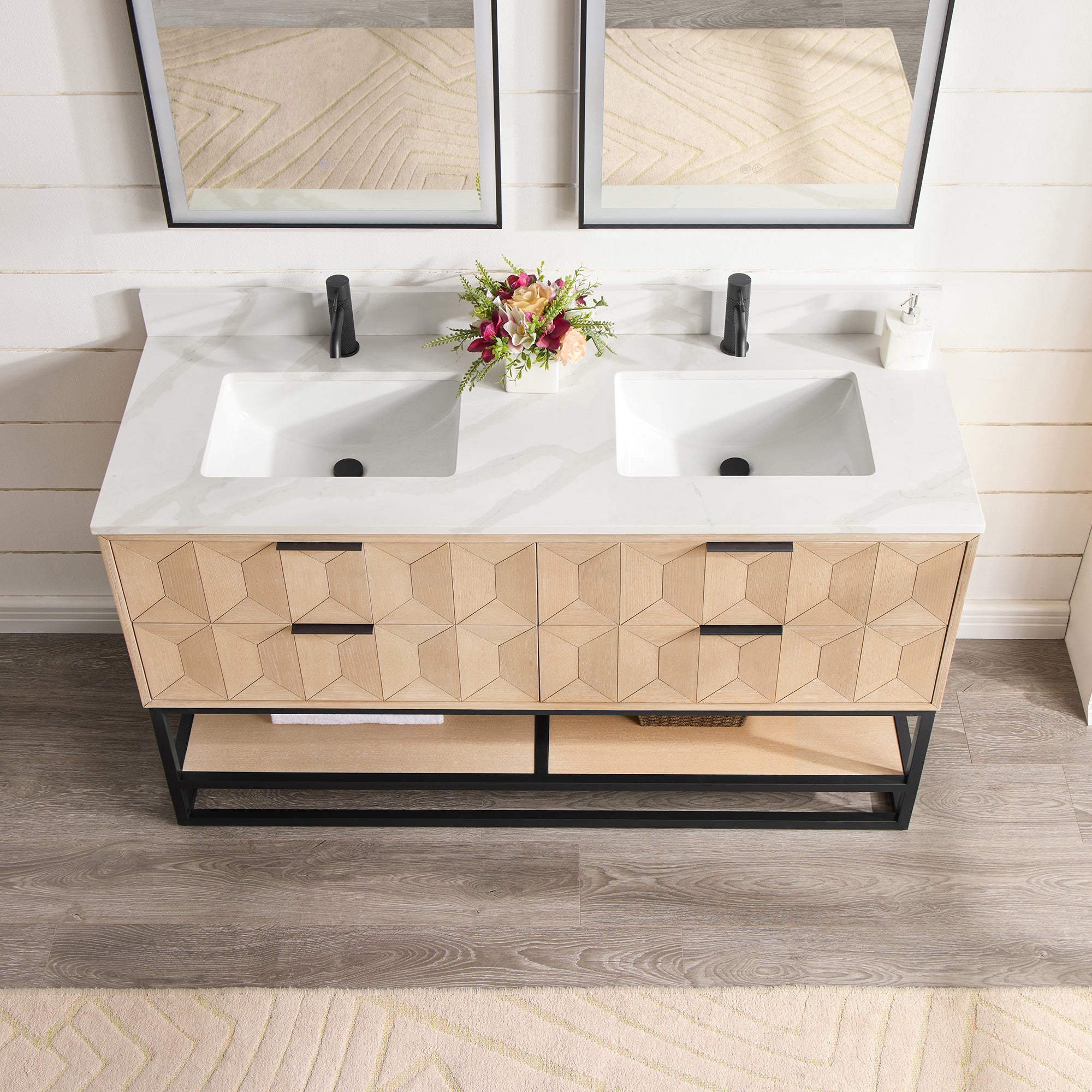 Milagro 60MB" Free-standing Double Bath Vanity in Washed Ash Grey with Fish Maw White Quartz Stone Top