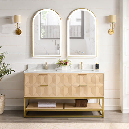 Milagro 60MG" Free-standing Double Bath Vanity in Washed Ash Grey with Fish Maw White Quartz Stone Top