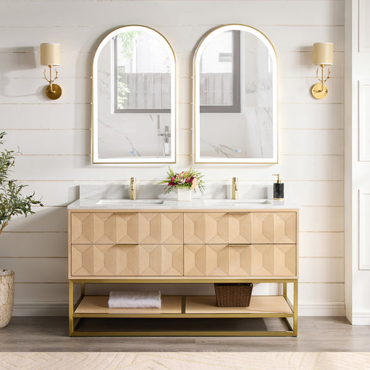 Milagro 60MG" Free-standing Double Bath Vanity in Washed Ash Grey with Fish Maw White Quartz Stone Top