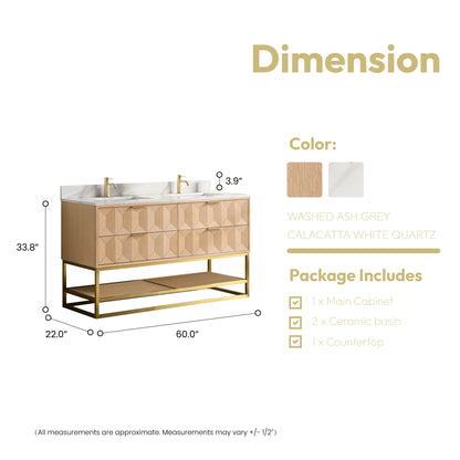 Milagro 60MG" Free-standing Double Bath Vanity in Washed Ash Grey with Fish Maw White Quartz Stone Top
