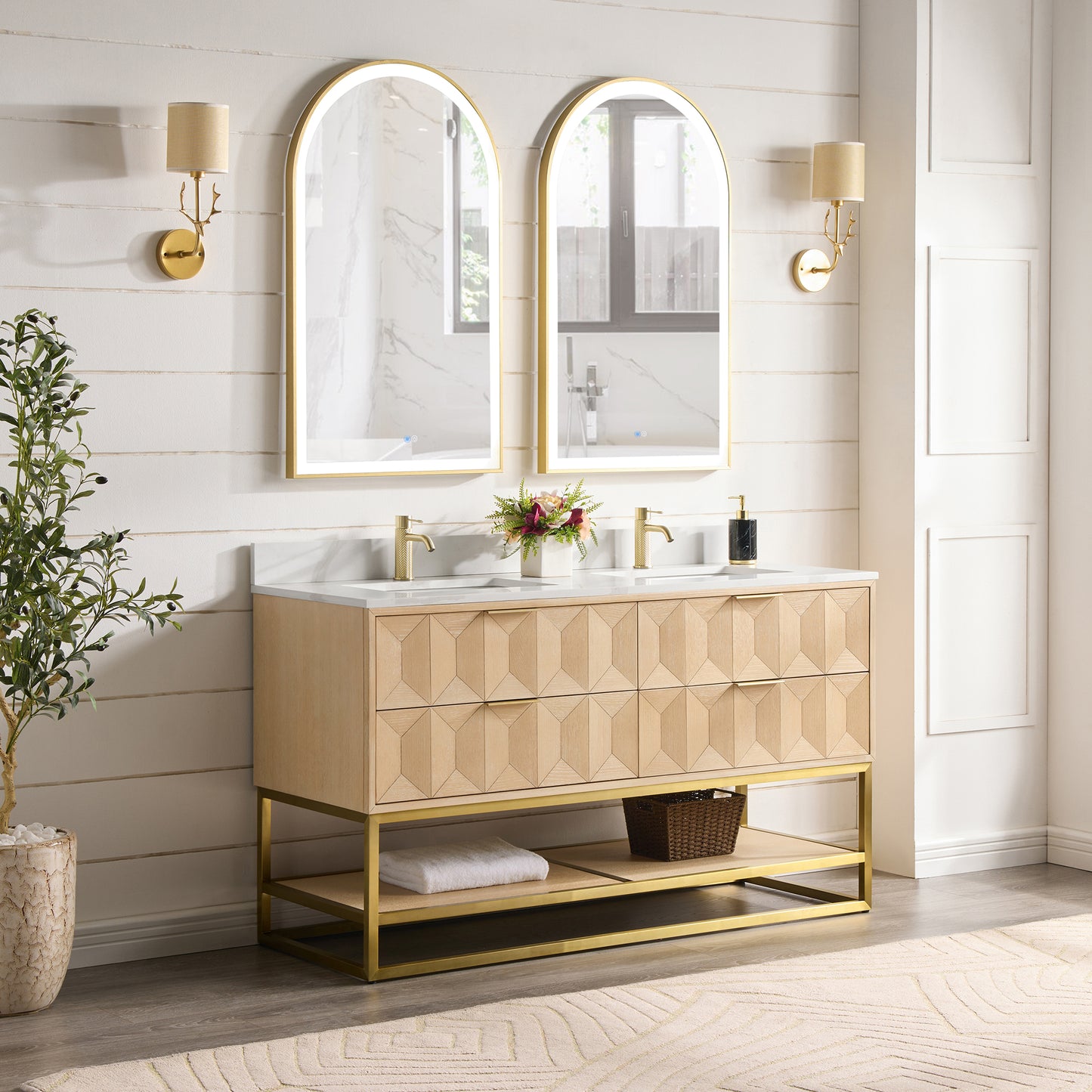 Milagro 60MG" Free-standing Double Bath Vanity in Washed Ash Grey with Fish Maw White Quartz Stone Top