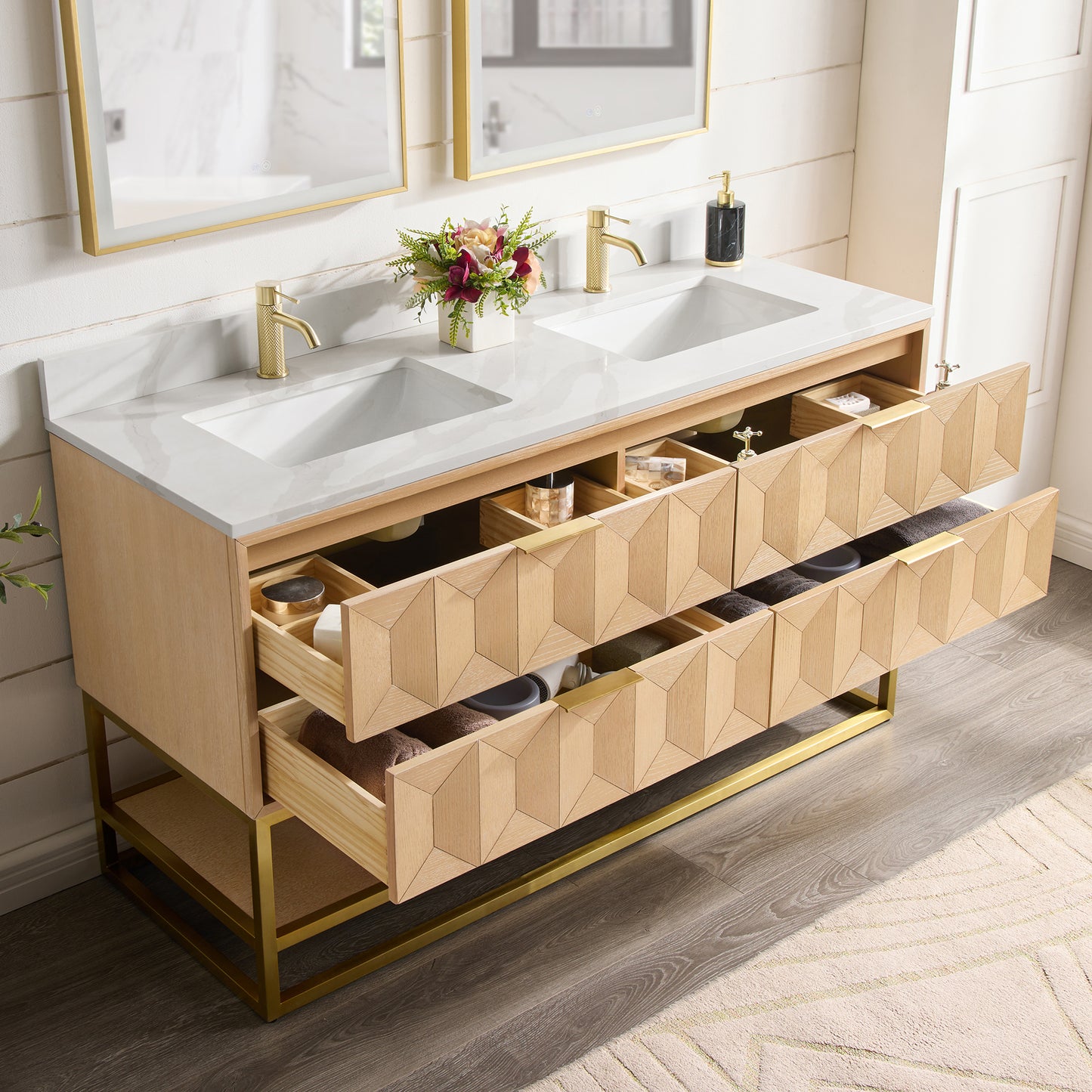 Milagro 60MG" Free-standing Double Bath Vanity in Washed Ash Grey with Fish Maw White Quartz Stone Top
