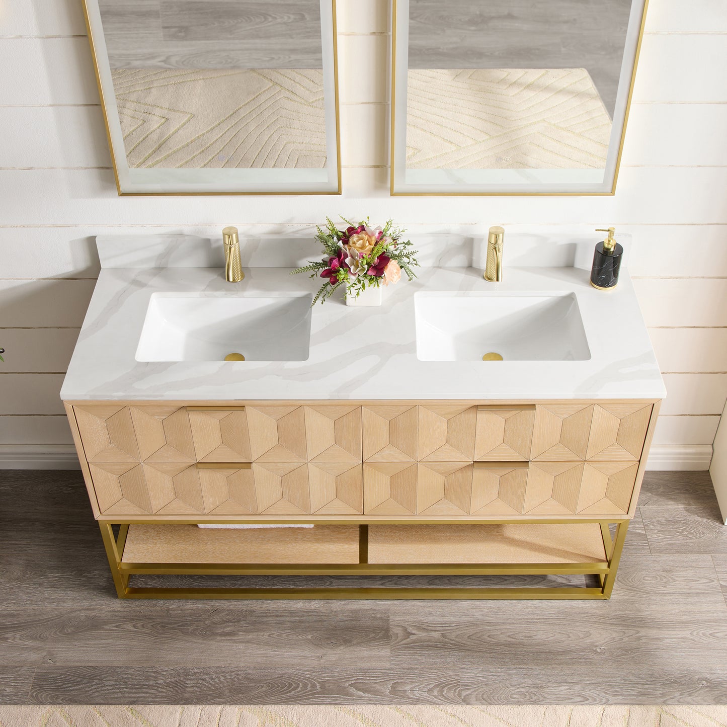 Milagro 60MG" Free-standing Double Bath Vanity in Washed Ash Grey with Fish Maw White Quartz Stone Top