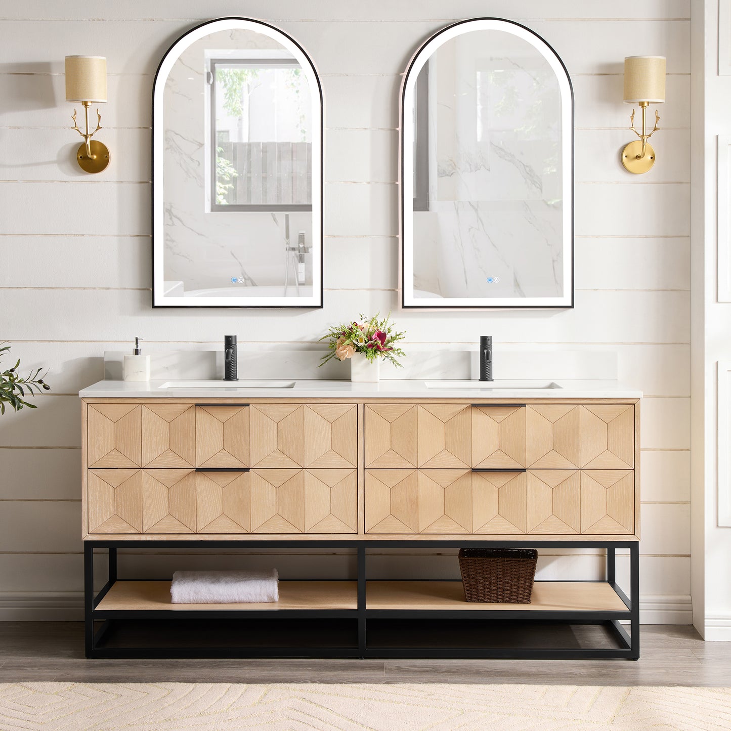 Milagro 72B" Free-standing Double Bath Vanity in Washed Ash Grey with Fish Maw White Quartz Stone Top