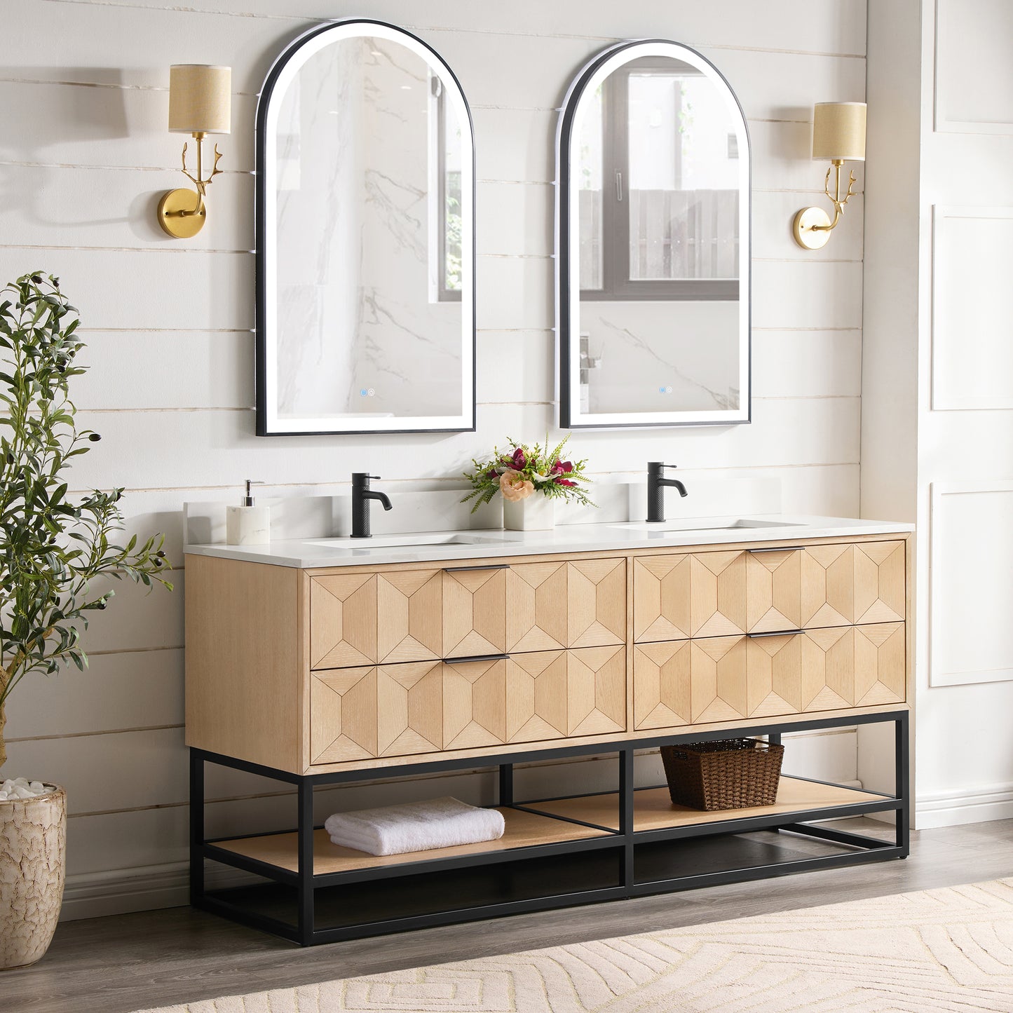 Milagro 72B" Free-standing Double Bath Vanity in Washed Ash Grey with Fish Maw White Quartz Stone Top