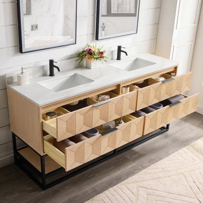 Milagro 72B" Free-standing Double Bath Vanity in Washed Ash Grey with Fish Maw White Quartz Stone Top