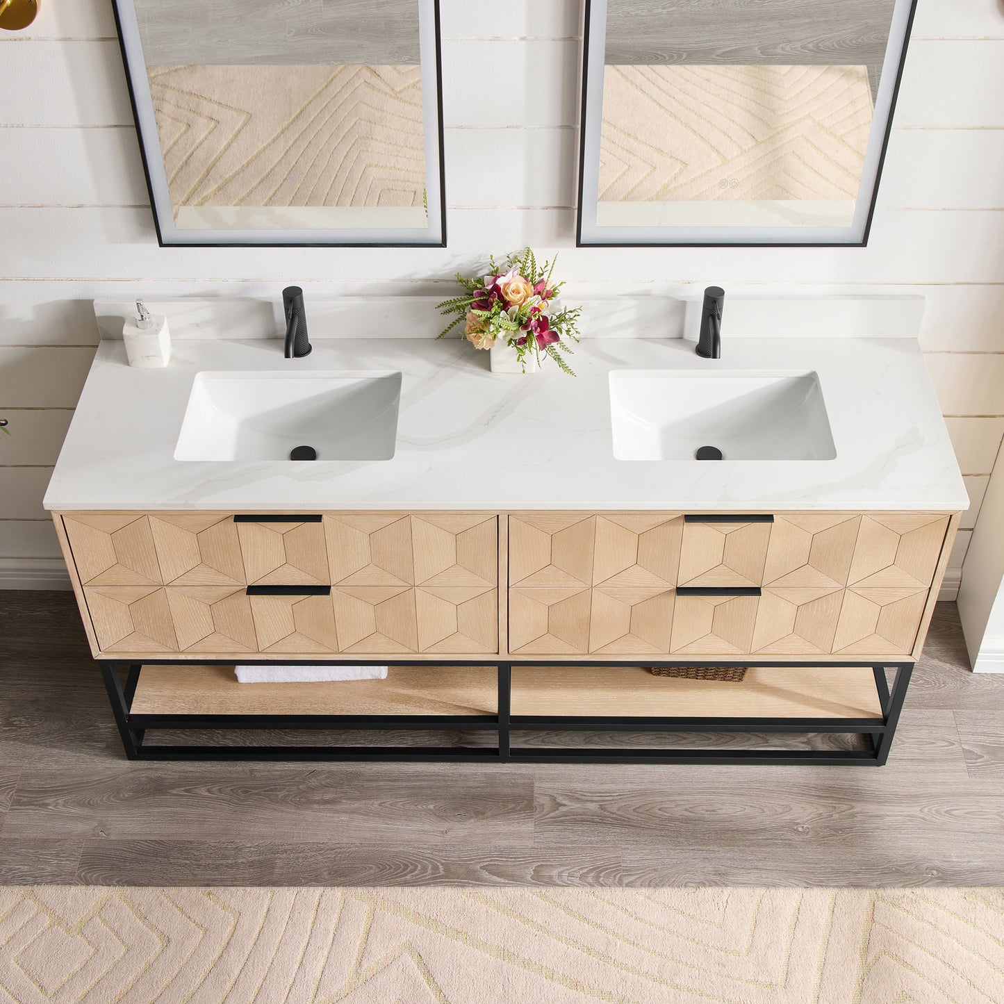 Milagro 72B" Free-standing Double Bath Vanity in Washed Ash Grey with Fish Maw White Quartz Stone Top