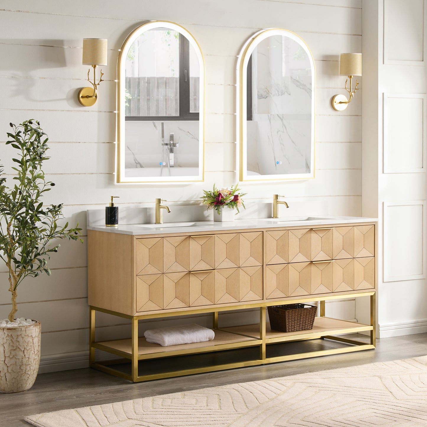 Milagro 72G" Free-standing Double Bath Vanity in Washed Ash Grey with Fish Maw White Quartz Stone Top