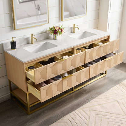 Milagro 72G" Free-standing Double Bath Vanity in Washed Ash Grey with Fish Maw White Quartz Stone Top