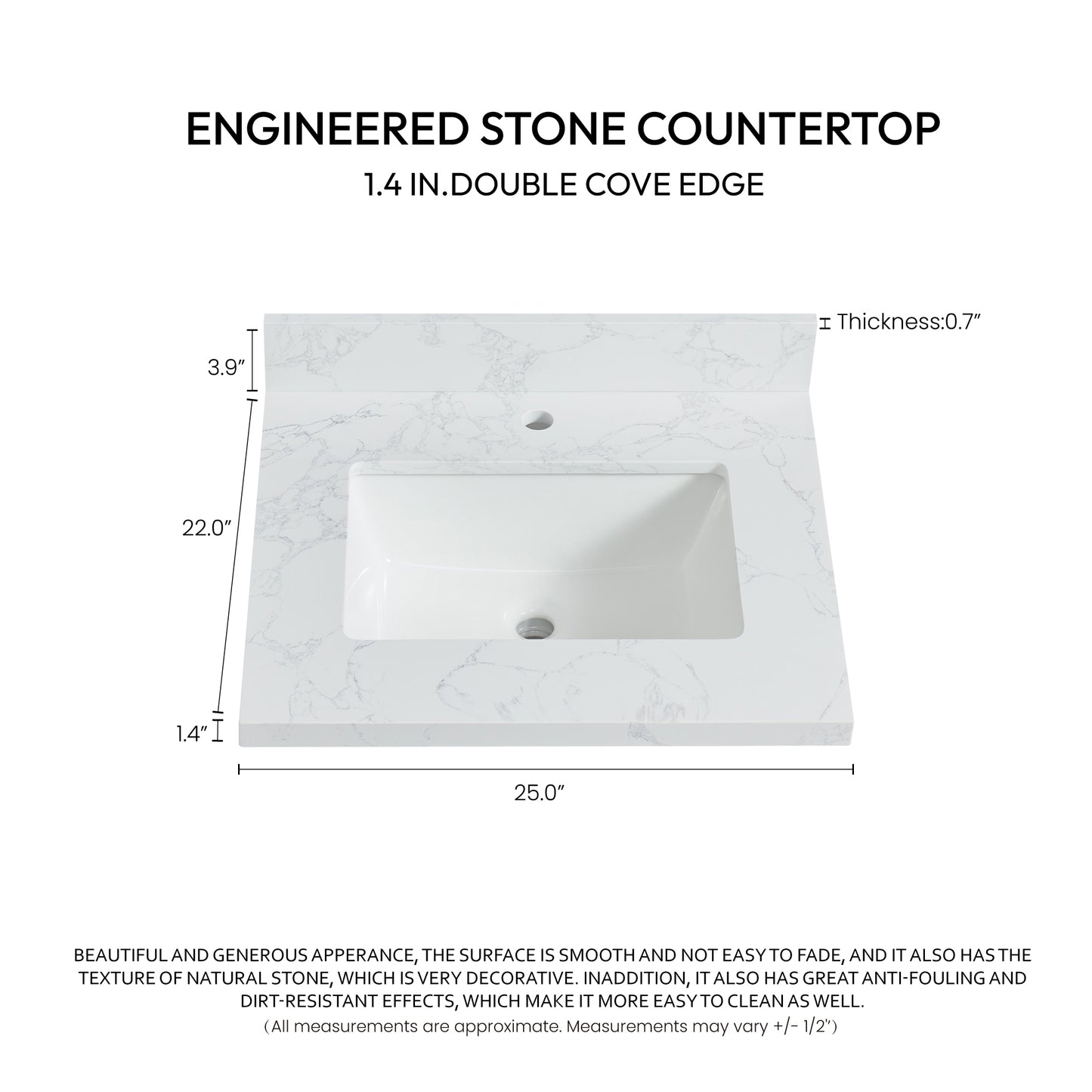 Malaga 25" W x 22" D Composite Stone Vanity Top in Grain White with White Rectangular Single Sink