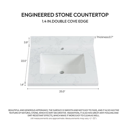 Malaga 25" W x 22" D Composite Stone Vanity Top in Grain White with White Rectangular Single Sink