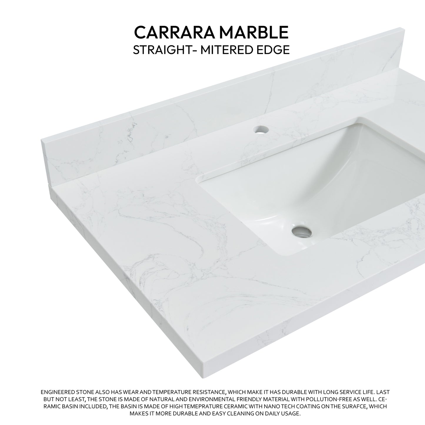 Malaga 37" W x 22" D Composite Stone Vanity Top in Grain White with White Rectangular Single Sink