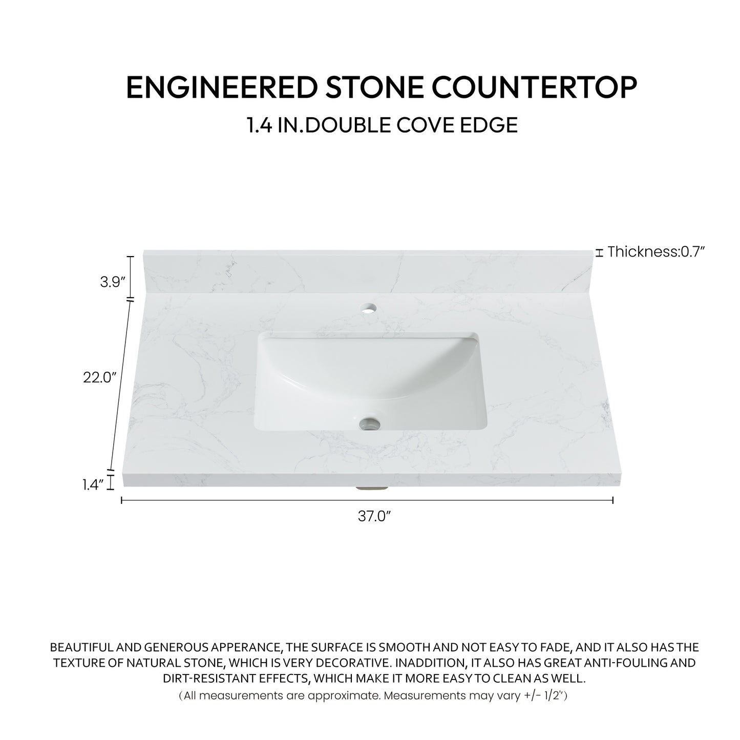 Malaga 37" W x 22" D Composite Stone Vanity Top in Grain White with White Rectangular Single Sink