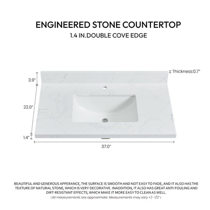 Malaga 37" W x 22" D Composite Stone Vanity Top in Grain White with White Rectangular Single Sink