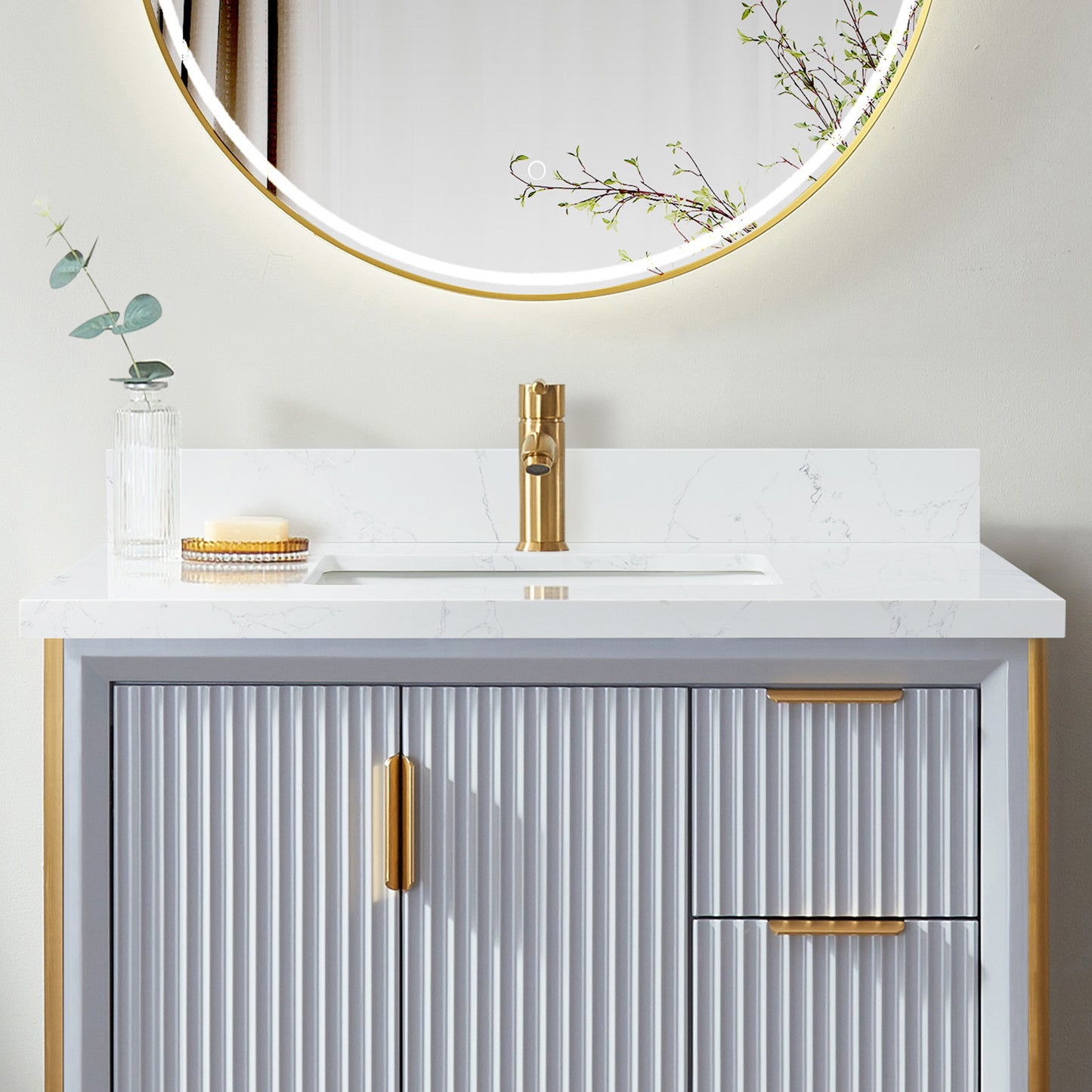 Malaga 37" W x 22" D Composite Stone Vanity Top in Grain White with White Rectangular Single Sink