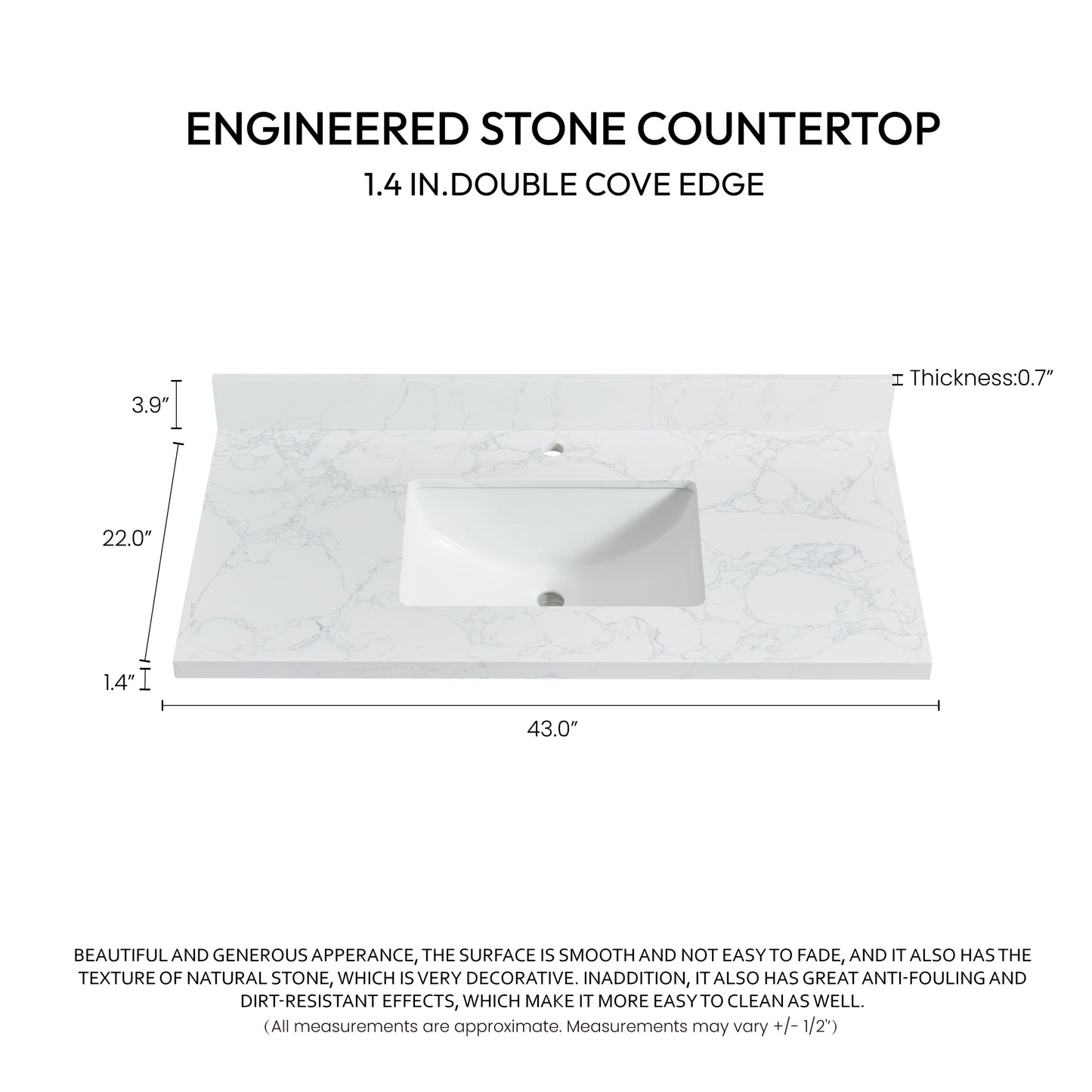 Malaga 43" W x 22" D Composite Stone Vanity Top in Grain White with White Rectangular Single Sink