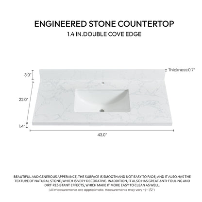 Malaga 43" W x 22" D Composite Stone Vanity Top in Grain White with White Rectangular Single Sink