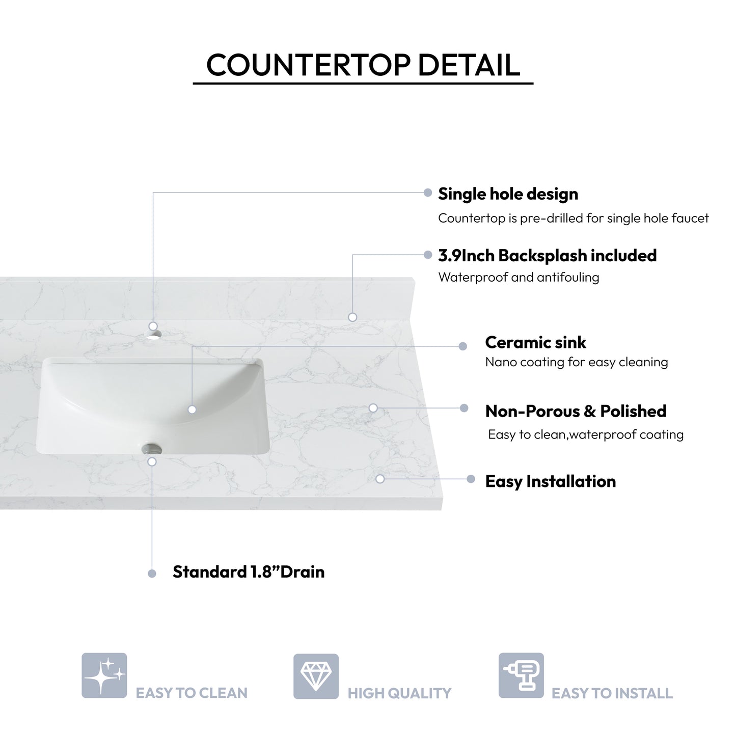Malaga 43" W x 22" D Composite Stone Vanity Top in Grain White with White Rectangular Single Sink
