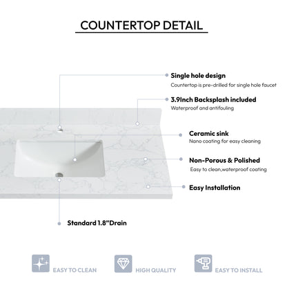 Malaga 43" W x 22" D Composite Stone Vanity Top in Grain White with White Rectangular Single Sink