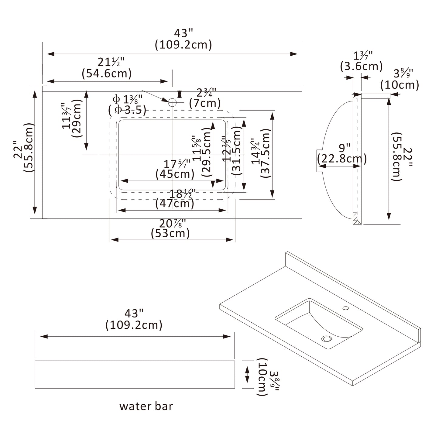 Malaga 43" W x 22" D Composite Stone Vanity Top in Grain White with White Rectangular Single Sink