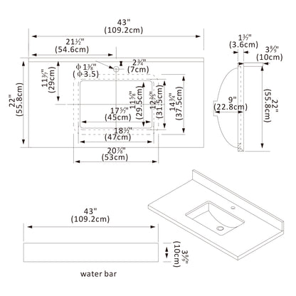 Malaga 43" W x 22" D Composite Stone Vanity Top in Grain White with White Rectangular Single Sink