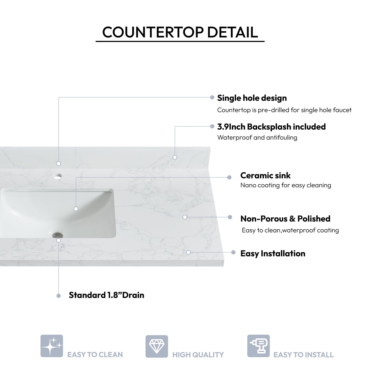 Malaga 49" W x 22" D Composite Stone Vanity Top in Grain White with White Rectangular Single Sink