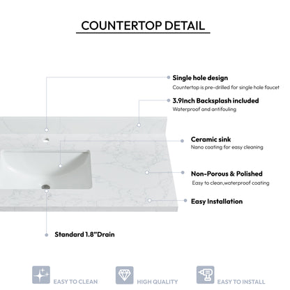 Malaga 49" W x 22" D Composite Stone Vanity Top in Grain White with White Rectangular Single Sink