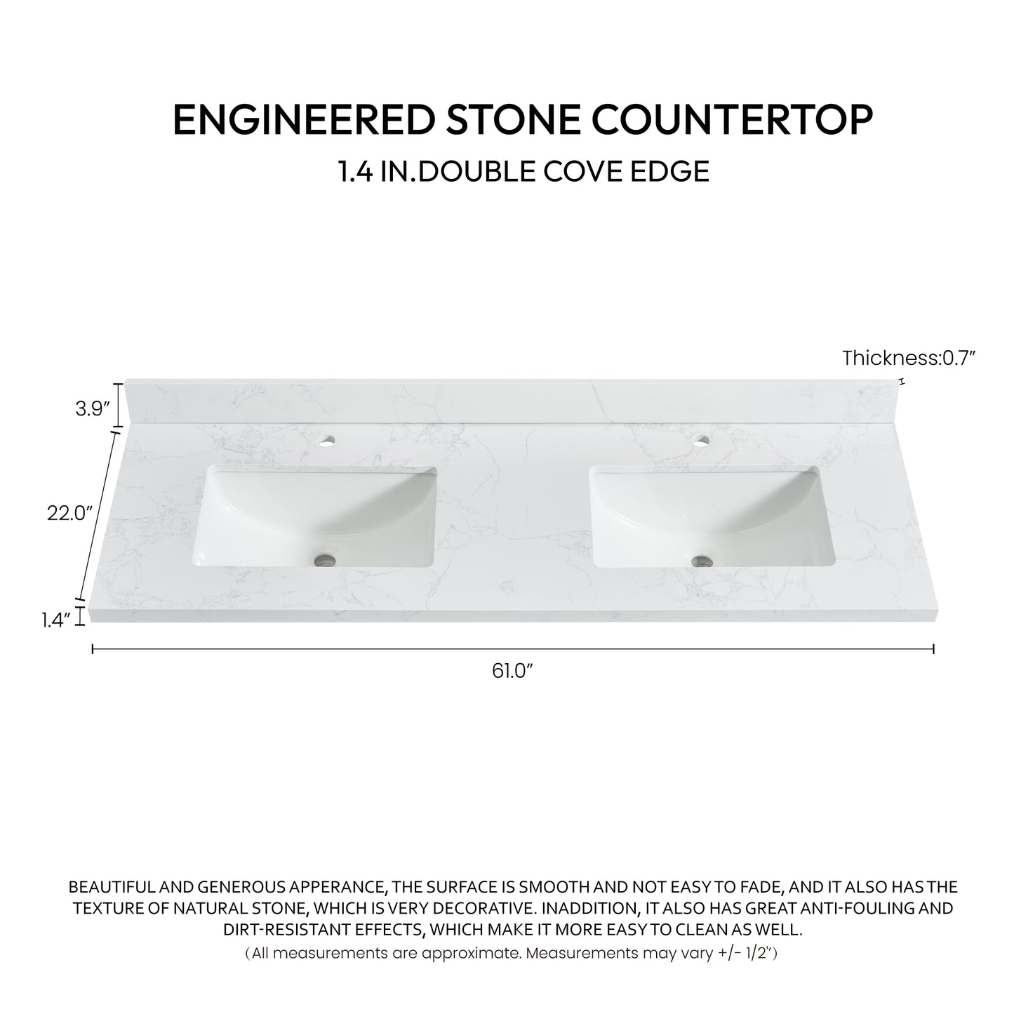 Malaga 61" W x 22" D Composite Stone Vanity Top in Grain White with White Rectangular Double Sink