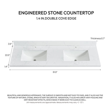 Malaga 61" W x 22" D Composite Stone Vanity Top in Grain White with White Rectangular Double Sink