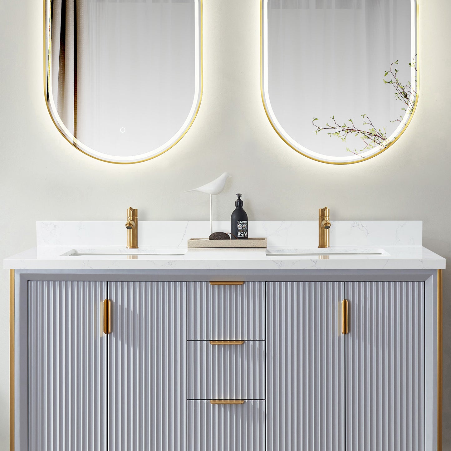 Malaga 61" W x 22" D Composite Stone Vanity Top in Grain White with White Rectangular Double Sink