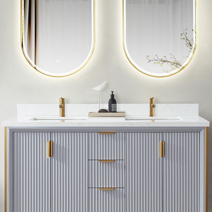 Malaga 61" W x 22" D Composite Stone Vanity Top in Grain White with White Rectangular Double Sink