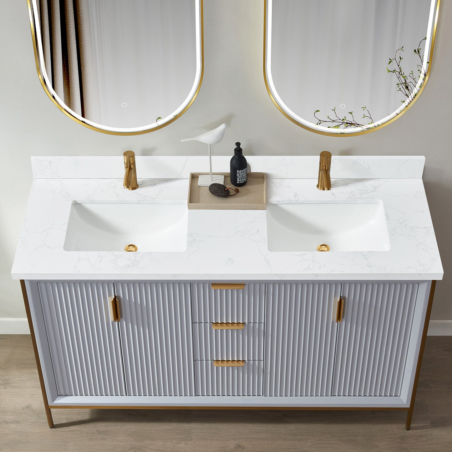 Malaga 61" W x 22" D Composite Stone Vanity Top in Grain White with White Rectangular Double Sink