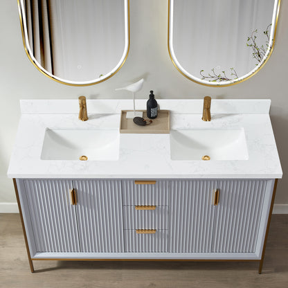 Malaga 61" W x 22" D Composite Stone Vanity Top in Grain White with White Rectangular Double Sink
