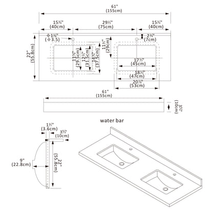 Malaga 61" W x 22" D Composite Stone Vanity Top in Grain White with White Rectangular Double Sink