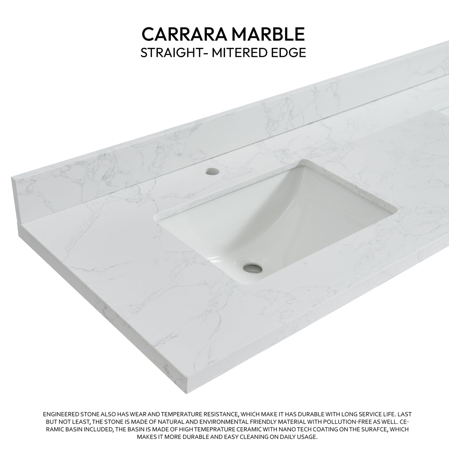 Malaga 73" W x 22" D Composite Stone Vanity Top in Grain White with White Rectangular Double Sink