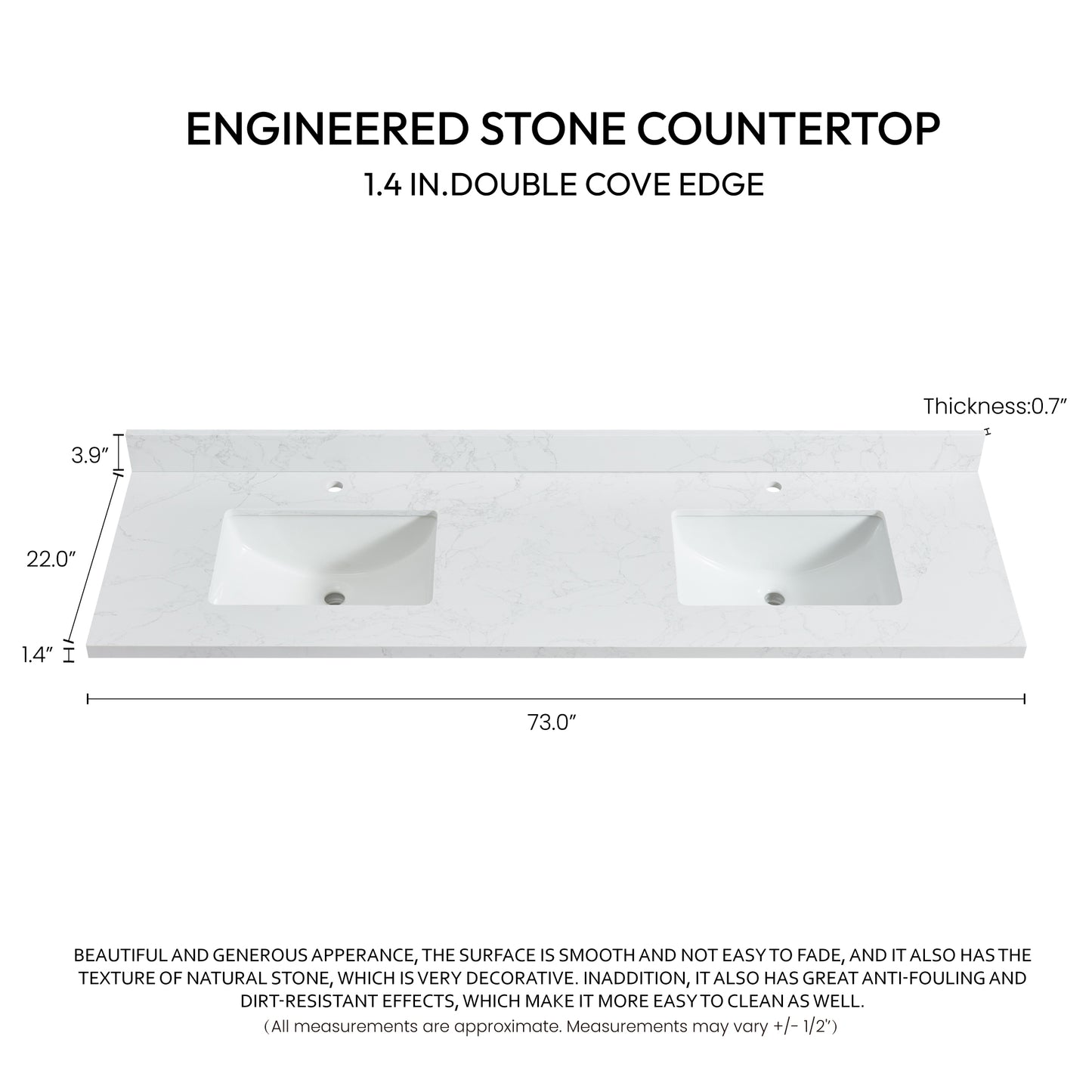 Malaga 73" W x 22" D Composite Stone Vanity Top in Grain White with White Rectangular Double Sink