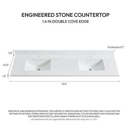 Malaga 73" W x 22" D Composite Stone Vanity Top in Grain White with White Rectangular Double Sink