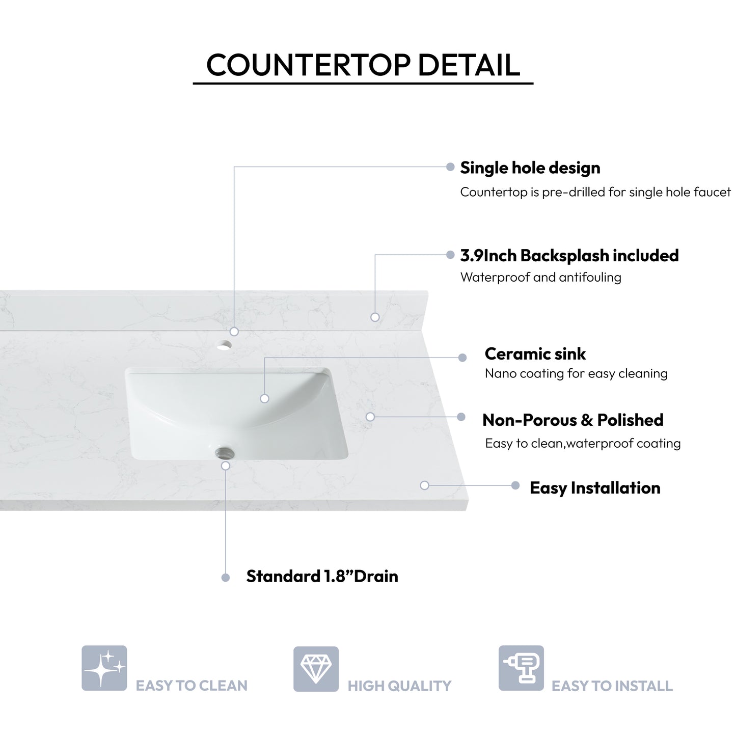 Malaga 73" W x 22" D Composite Stone Vanity Top in Grain White with White Rectangular Double Sink
