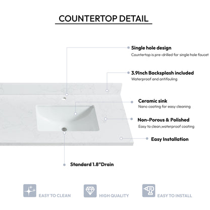 Malaga 73" W x 22" D Composite Stone Vanity Top in Grain White with White Rectangular Double Sink