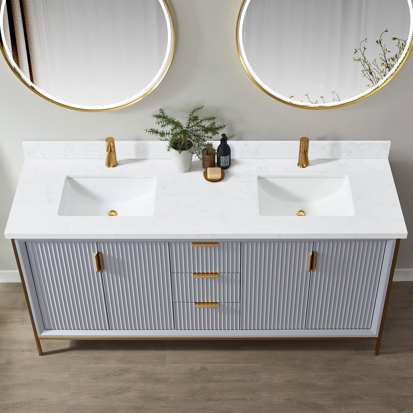 Malaga 73" W x 22" D Composite Stone Vanity Top in Grain White with White Rectangular Double Sink