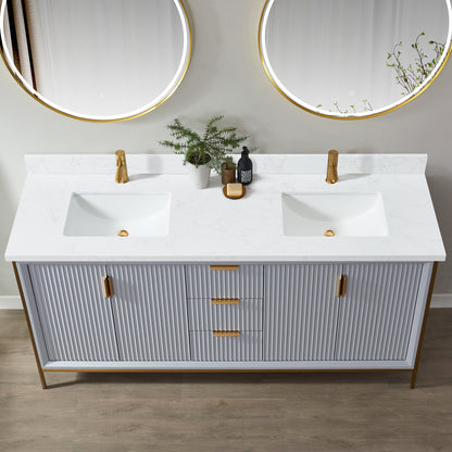 Malaga 73" W x 22" D Composite Stone Vanity Top in Grain White with White Rectangular Double Sink