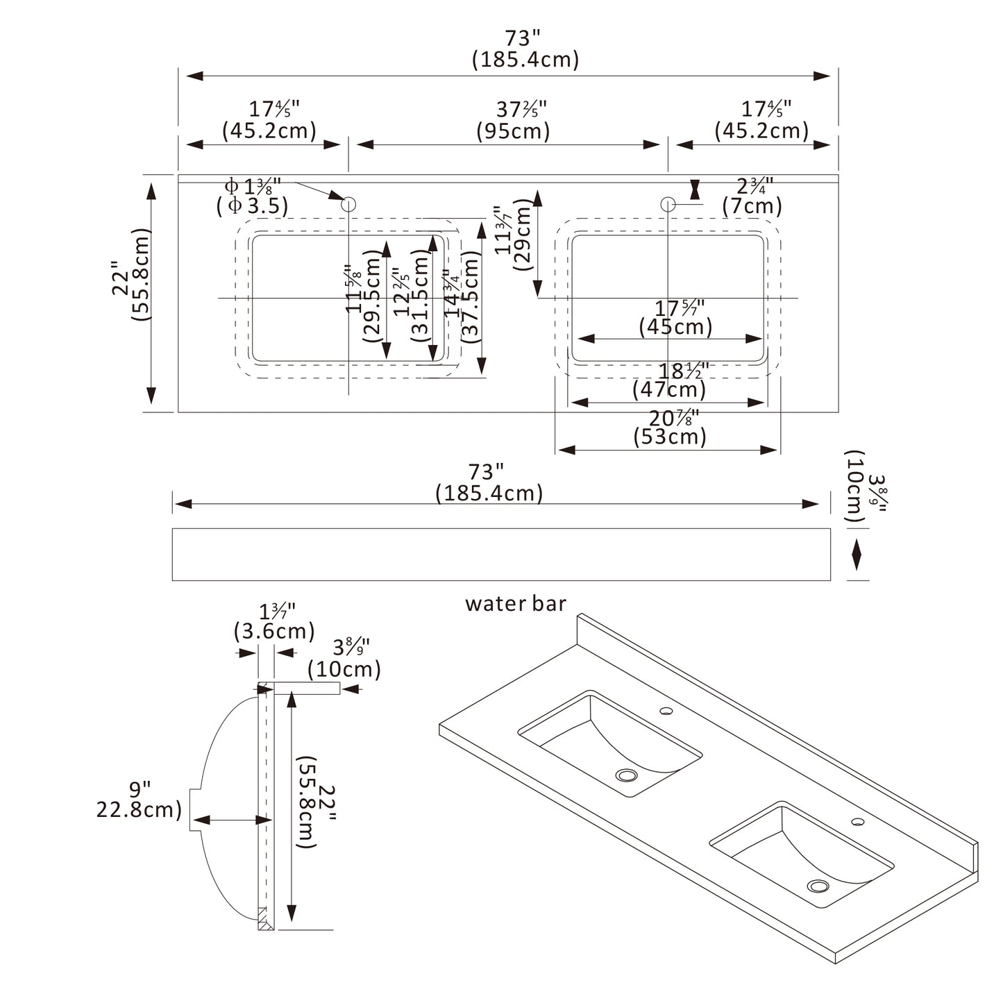 Malaga 73" W x 22" D Composite Stone Vanity Top in Grain White with White Rectangular Double Sink