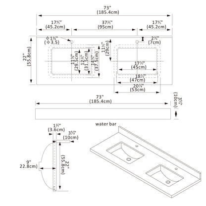 Malaga 73" W x 22" D Composite Stone Vanity Top in Grain White with White Rectangular Double Sink