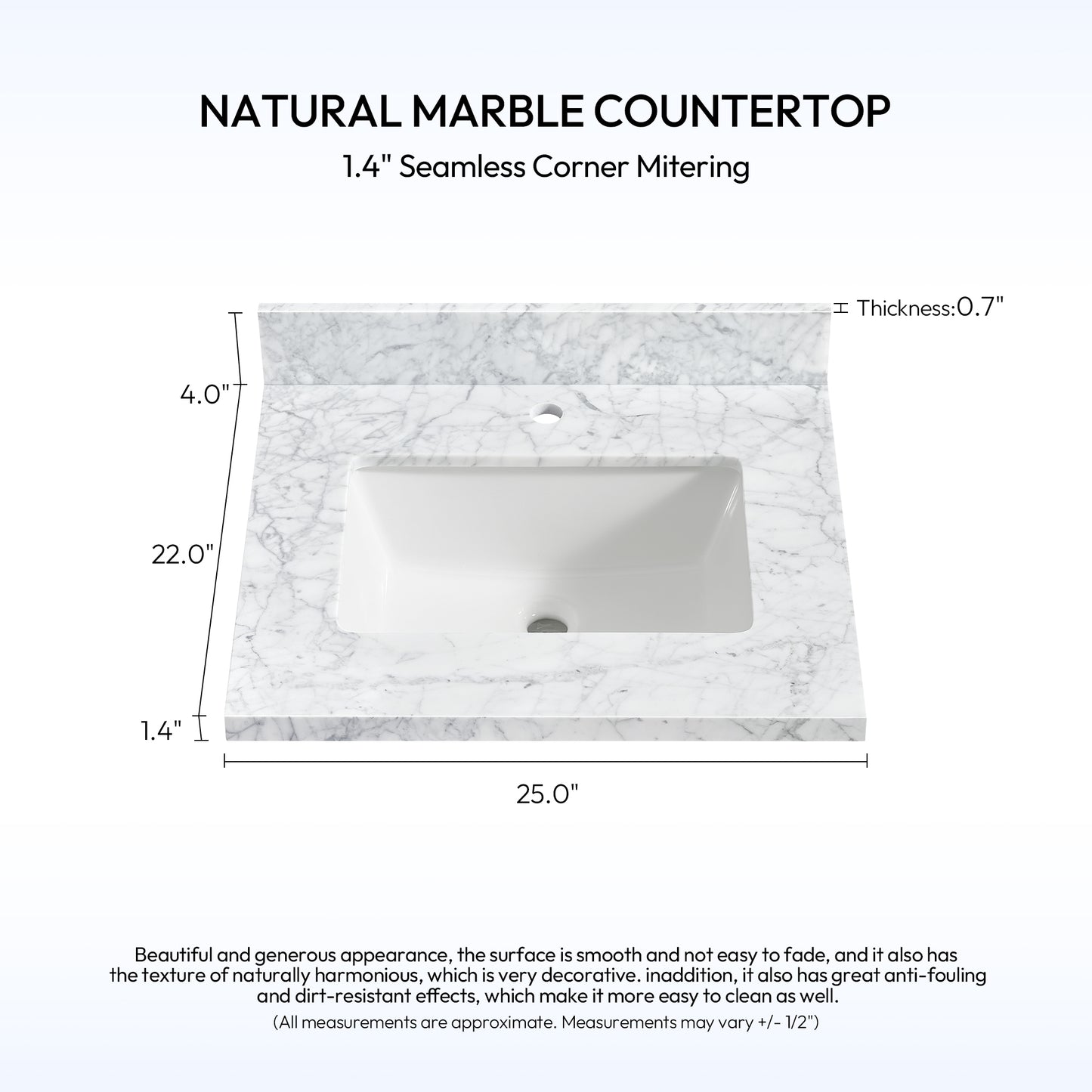 Zevio 25" W x 22" D Natural Marble Vanity Top in Carrara White with White Rectangular Single Sink