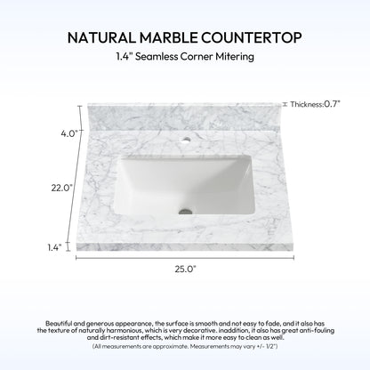 Zevio 25" W x 22" D Natural Marble Vanity Top in Carrara White with White Rectangular Single Sink