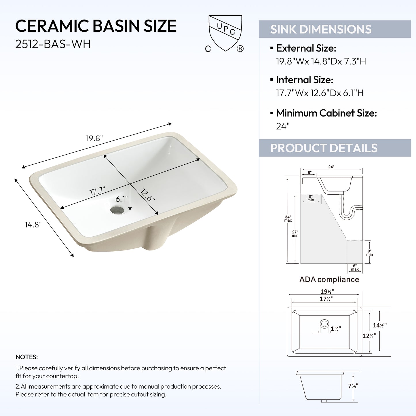 Zevio 25" W x 22" D Natural Marble Vanity Top in Carrara White with White Rectangular Single Sink