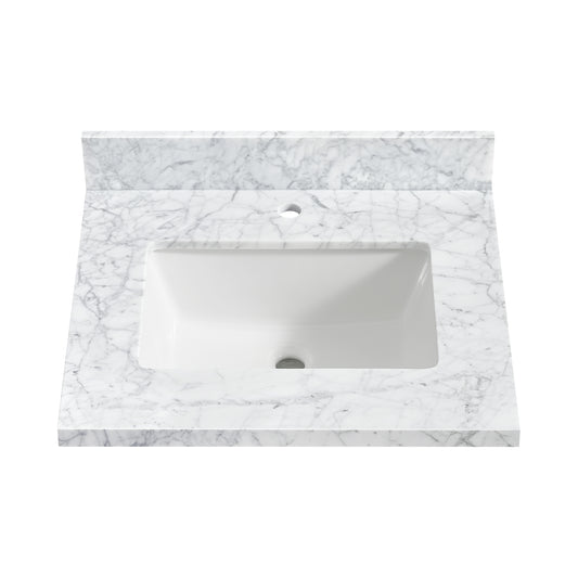 Zevio 25" W x 22" D Natural Marble Vanity Top in Carrara White with White Rectangular Single Sink