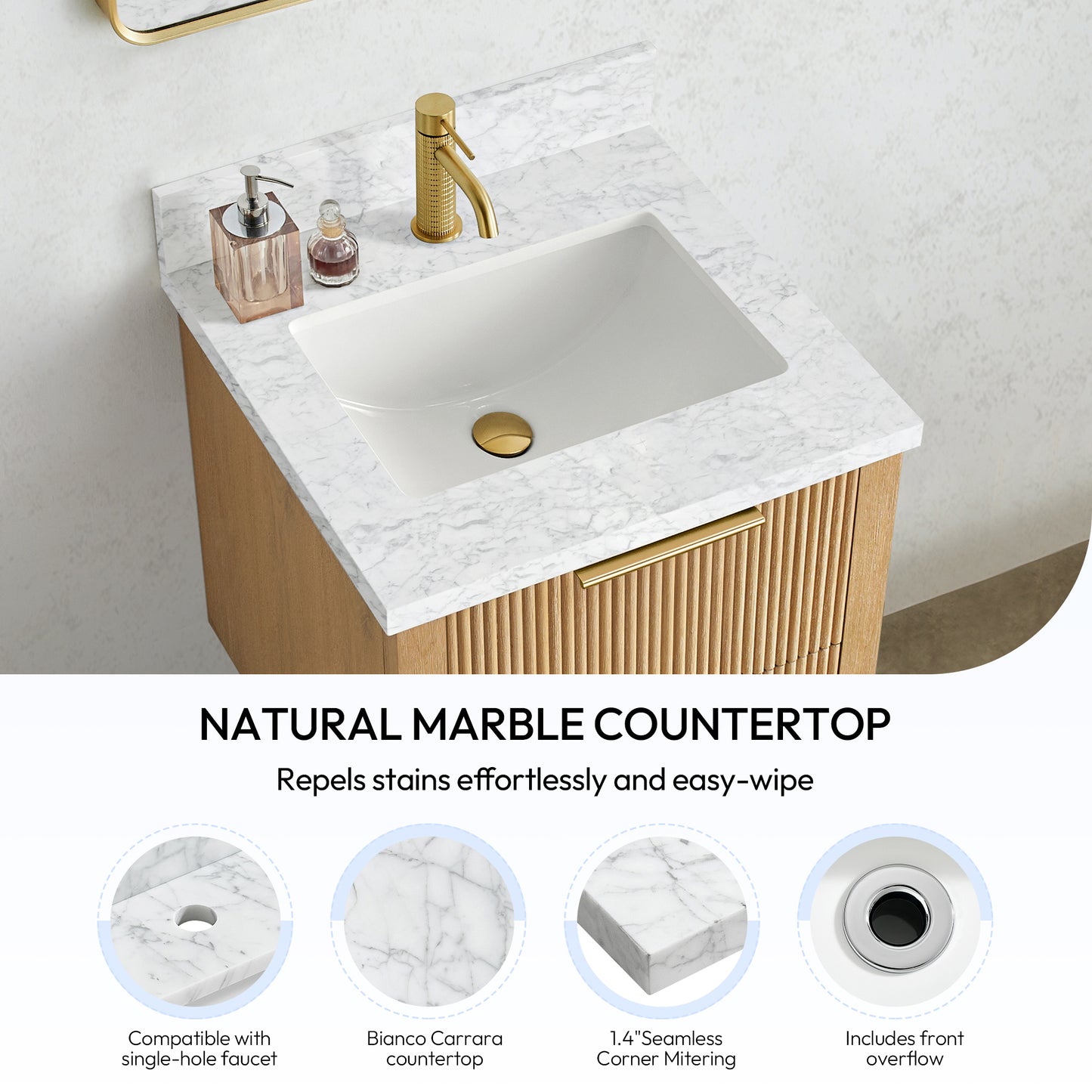 Zevio 25" W x 22" D Natural Marble Vanity Top in Carrara White with White Rectangular Single Sink