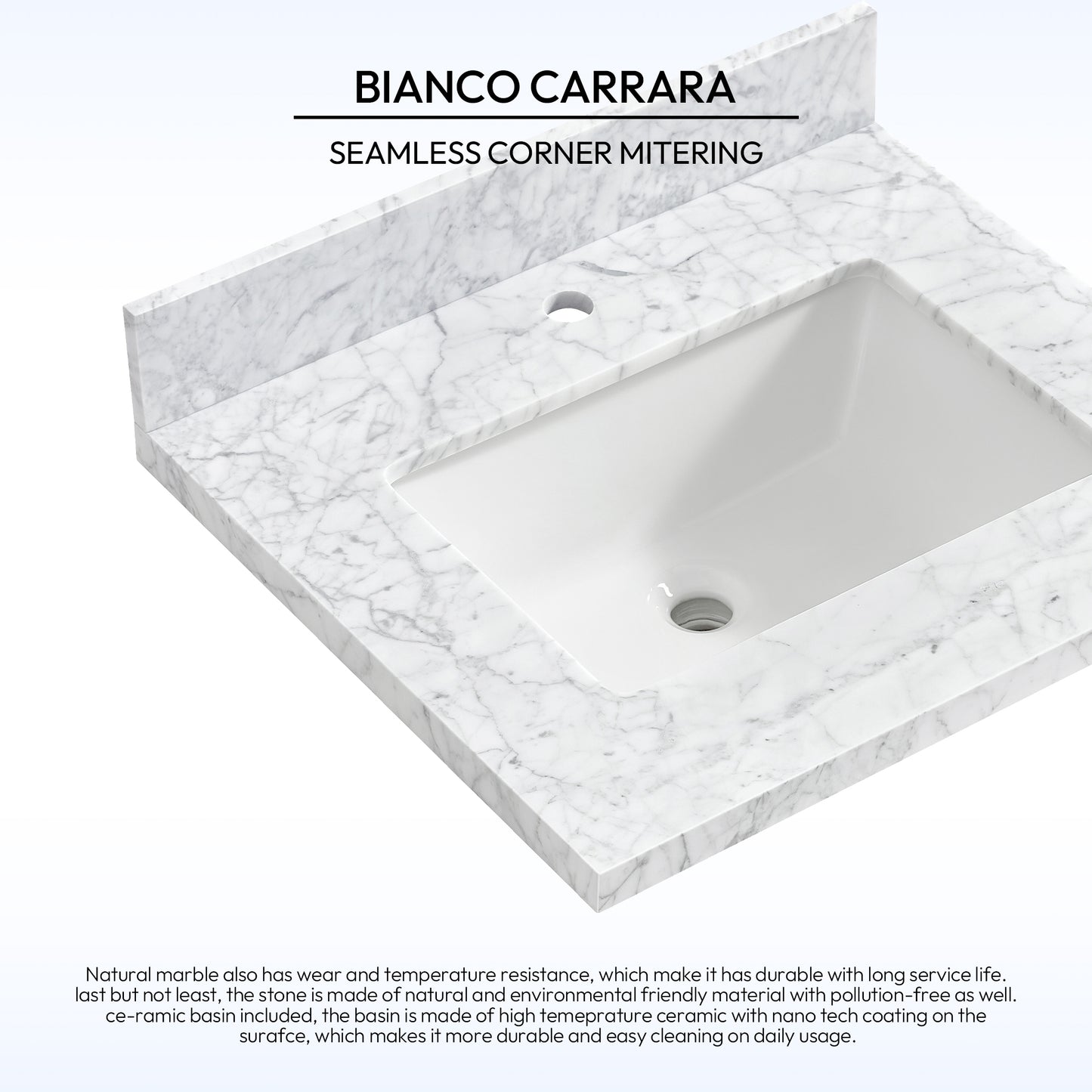 Zevio 25" W x 22" D Natural Marble Vanity Top in Carrara White with White Rectangular Single Sink
